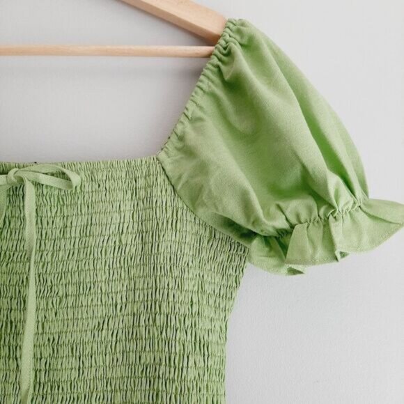 ENGLISH FACTORY / Smocked Ruffle Hem Puff Sleeve Mini Dress Green Sz M - Picture 6 of 14